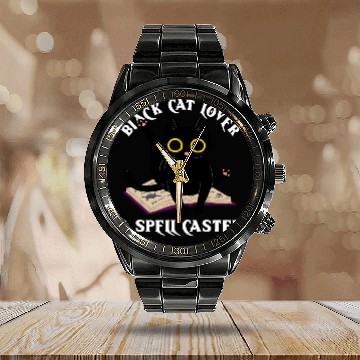 Discover Book Fun Black Cat on Magic Spell Book Wiccan Pagan Reader Zip Calendar Steel Band Watch