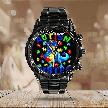Discover Autism Puzzle Dino Proud Autism Sister Dinosaur Baseball Tees Calendar Steel Band Watch