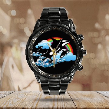 Discover Whale Pet Killer Orca Whale Family Jumping Rainbow Funny Baseball Tees Calendar Steel Band Watch