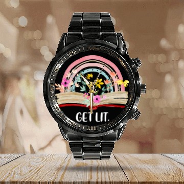 Discover Book Fun Funny Bookworm Book Nerd Get Lit Book Flower Rainbow Reading Zip Calendar Steel Band Watch