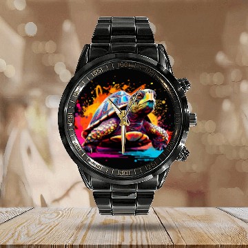 Discover Turtle Pet Splash Art Box Turtle Lover Colorful Zip Calendar Steel Band Watch