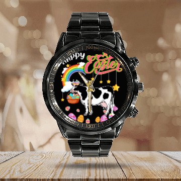 Discover Cow Pet Happy Easter Cow Holding Eggs Basket Chocolate Eggs Hunt Calendar Steel Band Watch