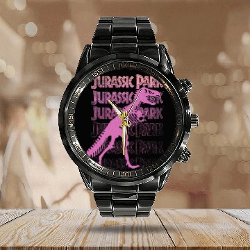 Discover Dinosaur Pet Jurassic Park TRex Large Skeletons Silhouette Pink Gradient Calendar Steel Band Watch