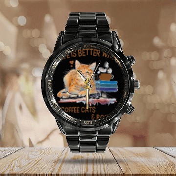 Discover Book Fun Cat Lover Books Coffee Reading Cats Owner Zip Calendar Steel Band Watch
