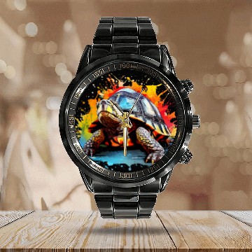 Discover Turtle Pet Splash Art Eastern Box Turtle Lover Colorful Calendar Steel Band Watch