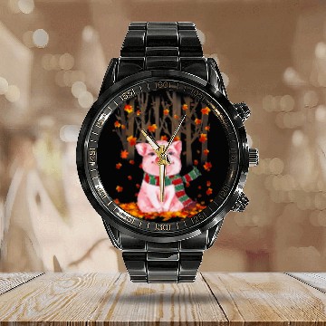 Discover Pig Pet Fall Leaves Tree Forest Garden Calendar Steel Band Watch