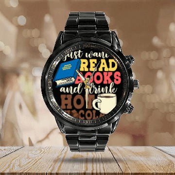 Discover Book Fun Gif Read Books Drink Hot Chocolate 1 Calendar Steel Band Watch
