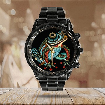 Discover Frog Pet Native American Indian Style Art Pacific Northwest 30 Calendar Steel Band Watch