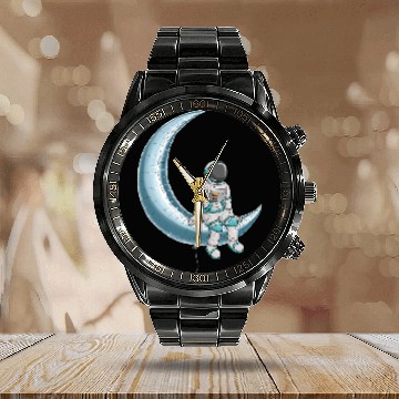 Discover Astronaut Job Floats on Crescent Moon Silver Balloon Baseball Tees Calendar Steel Band Watch
