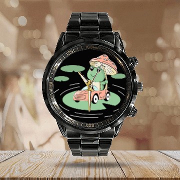 Discover Frog Pet in Car with Mushroom Water Lily Cottagecore Baseball Tees Calendar Steel Band Watch
