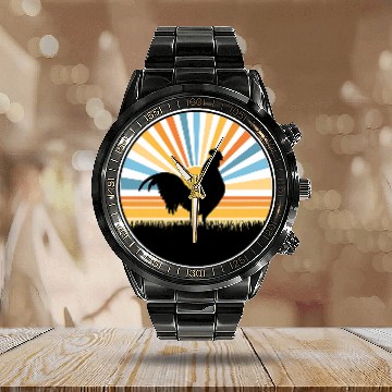 Discover Chicken Pet Rooster Sunset Retro Chicken Farm Farmer Backyard Midwest Calendar Steel Band Watch