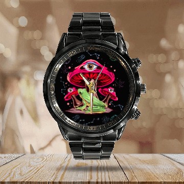 Discover Frog Pet psychedelics Hippie Frog Toad Mushrooms Forest All Seeing Eye Zip Calendar Steel Band Watch