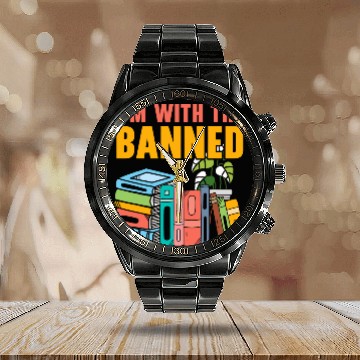 Discover Book Fun Im With The Banned Bookworm Book Lover Bibliophile Baseball Tees Calendar Steel Band Watch