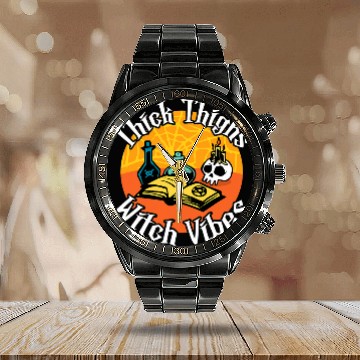 Discover Book Fun Thick Thighs Witch Vibes Spell Book and Potions Calendar Steel Band Watch