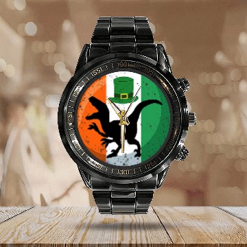 Discover Dinosaur Pet Ireland Flag Saint Patricks Day Velociraptor Calendar Steel Band Watch