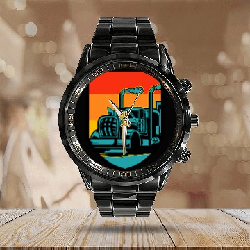 Discover Truck Fun 18 Wheeler Retro Sunset Shield Zip Calendar Steel Band Watch