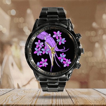 Discover Octopus Pet Exotic Flowers Illustration With Pretty Purple Wild Calendar Steel Band Watch