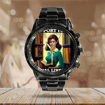 Discover Book Fun Support Your Local Library Book Reader Retro Librarian Calendar Steel Band Watch
