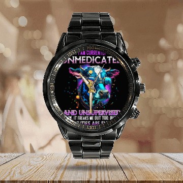 Discover Cow Pet I Am Currently Unmedicated And Unsupervised I Know Funny Cow Baseball Tees Calendar Steel Band Watch