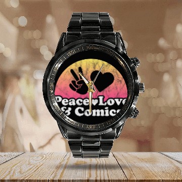 Discover Book Fun Peace Love and Comics Comic Calendar Steel Band Watch