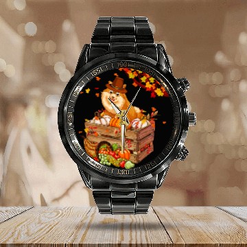 Discover Pomeranian Pet With Pumpkins Thanksgiving Fall Leaves Owner Calendar Steel Band Watch