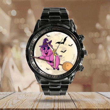 Discover Pig Pet Halloween Full Moon Graveyard Spooky Pig Witch Night Kids Calendar Steel Band Watch