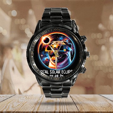 Discover Pug Pet Solar Eclipse Pug Wearing Glasses Pet April 8 2024 Calendar Steel Band Watch