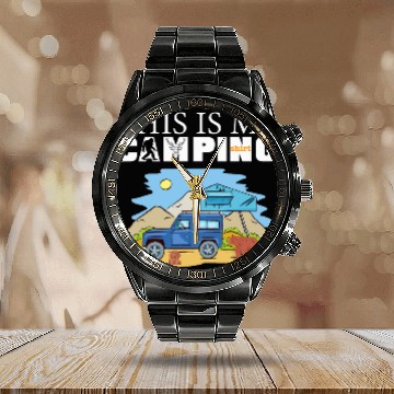 Discover this is my camping rv van camping saying happy camper bear 1 Calendar Steel Band Watch
