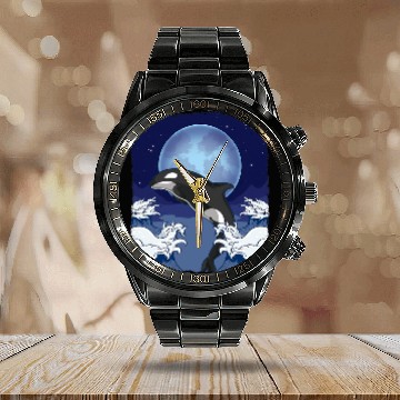 Discover Whale Pet Waves Orca Lover Full Moon Ocean Animal Killer Whale 1 Calendar Steel Band Watch