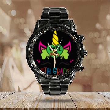 Discover one lucky 4th grade teacher Unicorns face st patricks days 1 Calendar Steel Band Watch