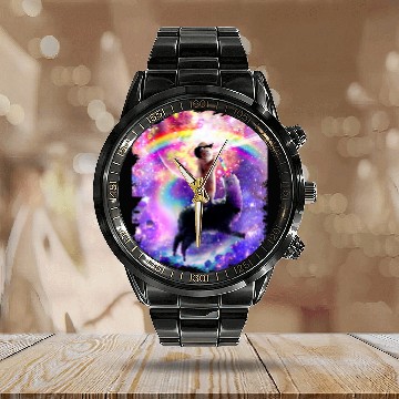 Discover Llama Pet Laser Space Cat On Rainbow Galaxy Llama Unicorns Calendar Steel Band Watch