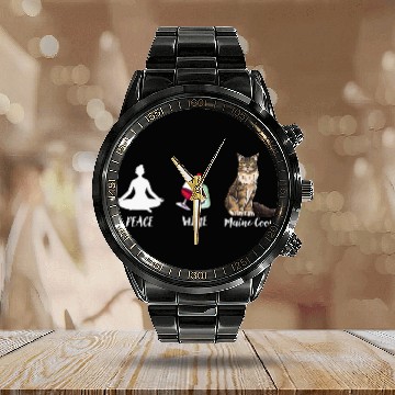 Discover Wines Fun Cute Main Coon Cat Design Peace Wines Maine Coon Calendar Steel Band Watch