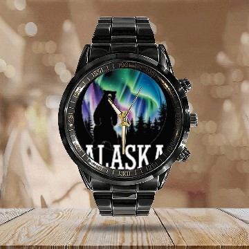 Discover Bear Pet Alaska Northern Lights Bear Aurora Adventure Nature Baseball Tees Calendar Steel Band Watch