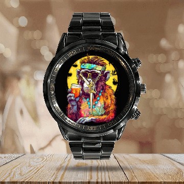 Discover Beer Fun Monkey Drinking Beer Funny Beer Drinker Drunk Gorilla Ape 2 Zip Calendar Steel Band Watch
