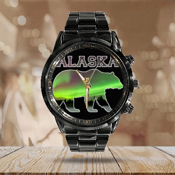 Discover Alaskan Bear Northern Lights Aurora Borealis Nature Sky 3 Calendar Steel Band Watch