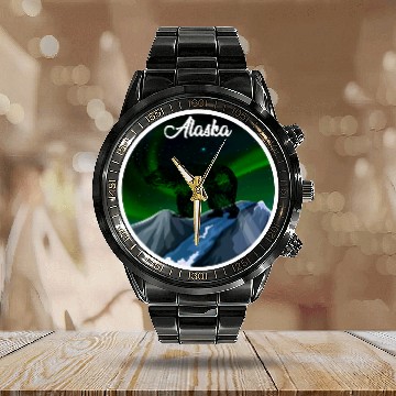Discover Bear Pet Alaska Northern Lights Bear Calendar Steel Band Watch