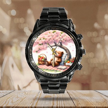 Discover Bear Pet Bear Having A Picnic Under A Tree Blanket Basket Fruits Calendar Steel Band Watch