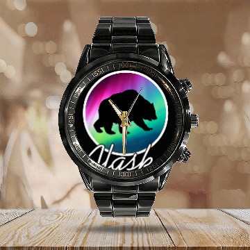 Discover Bear Pet Alaska Souvenir Alaskan Bear Northern Lights Calendar Steel Band Watch