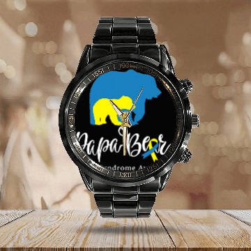 Discover Bear Pet Mens Papa Bear Down Syndromes Awareness for Dad Calendar Steel Band Watch