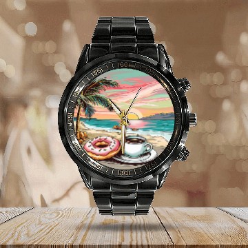 Discover Coffee Fun Doughnut Sunrise Calendar Steel Band Watch