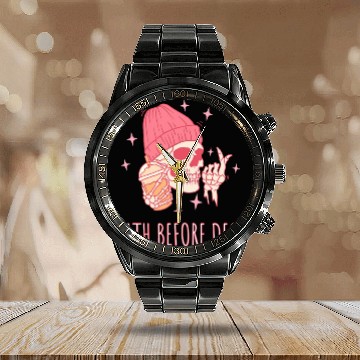 Discover Coffee Fun Halloween Coffee Death Before Decaf Skull Skeleton Calendar Steel Band Watch