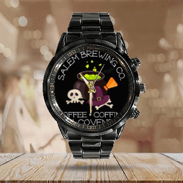 Discover Coffee Fun Salem Brewing Co Coffee Coffins Covens Halloween Witch Zip Calendar Steel Band Watch