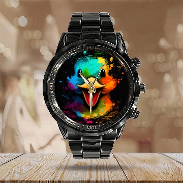 Discover Duck Pet Face Cute Colorful Happy Duckling Animals Black Calendar Steel Band Watch