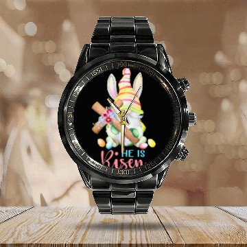 Discover Dy Cute Gnome Christian Easter Day He Is Risen Baseball Tees Calendar Steel Band Watch