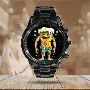 Discover Beer Fun Beach Beer Costume in Swim Trunks Zip Calendar Steel Band Watch