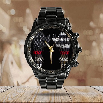Discover Firefighter Flag Distressed Angel Wings Calendar Steel Band Watch