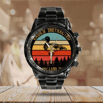 Discover Duck Pet Retro Easily Distracted By Mallard Duck Zip Calendar Steel Band Watch
