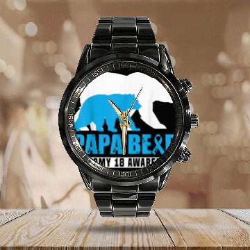 Discover Bear Pet Trisomy 18 Awareness Papa Bear Light Blue Support Father Zip Calendar Steel Band Watch