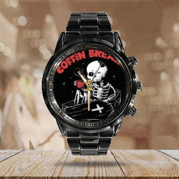 Discover Coffee Fun Halloween Coffin Break Funny Skeletons Drinking Coffee601 Calendar Steel Band Watch