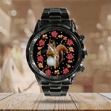 Discover Squirrel Pet with a nut poinsettia hazelnut walnuts christmas Zip Calendar Steel Band Watch